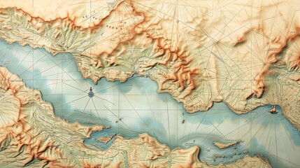 Vintage topographical map showing detailed elevation contours and textured terrains, marking secret mountain passes and hidden coastal cliffs.