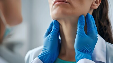 Healthcare professional in gloves performing neck examination. Routine check-up at clinic. Modern medical examination. Preventive medicine practice. Close-up shot. AI
