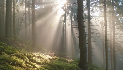 sunbeams through foggy spruce tree forest moss covered forest floor mystical atmosphere