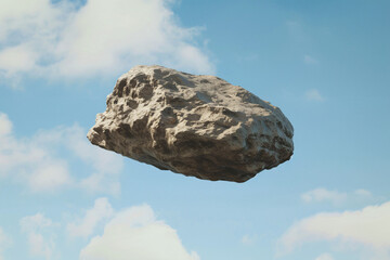 gray textured rock floating in the sky on a sunny day with scattered clouds
