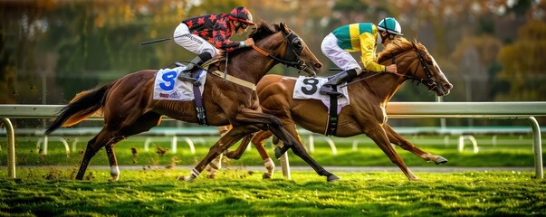Dynamic capture of horse racing action with jockeys striving to win in a high-stakes competition - obrazy, fototapety, plakaty