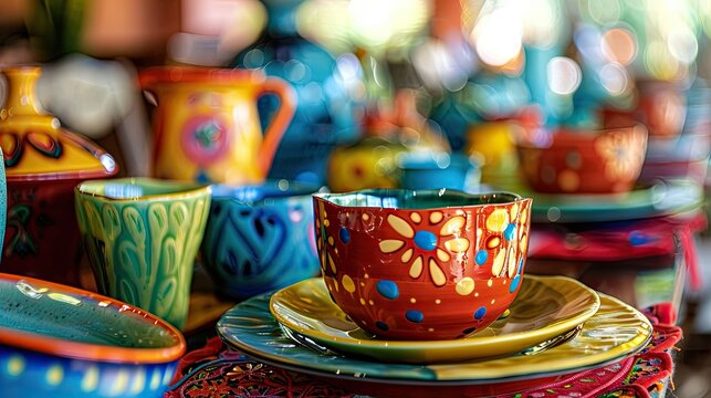 Vibrant and colorful pottery adorns a festive table capturing a close up view of the lively fiesta setting