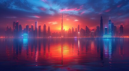 3d rendering of dubai skyline at night with neon lights and reflection in the water. Beautiful cityscape background. Blue, orange and red color theme. 