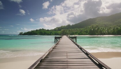 wooden pier on tropical beach at seychelles mahe