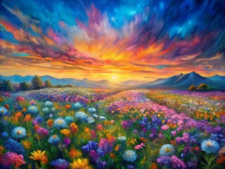 Breathtaking sunset over a vibrant, colorful field, perfect for art collectors and interior decorating.