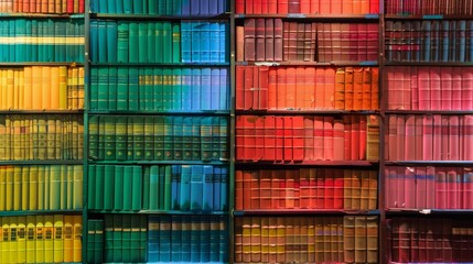 Fototapeta premium Eye-catching, organized rainbow library shelves packed with vintage books, design, marketing, and educational contexts. Vibrant, trending color palette.