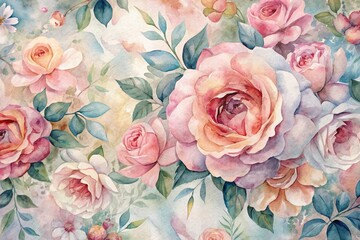 Lush, colorful watercolor illustration of a rose garden, perfect for home decor, greeting cards, or textile prints.