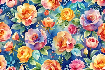 Vibrant watercolor roses set against a dark blue background, perfect for dynamic home decor and striking fabric designs.