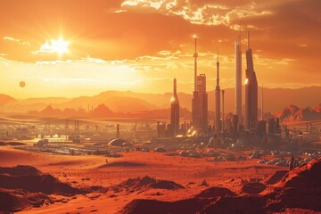Futuristic cityscape at sunset, glowing in warm orange hues, extraterrestrial tech innovation, future visions