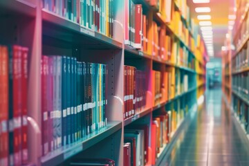 Colorful library shelves with vibrant hues, educational themes, back-to-school campaigns, and creative intellectual contexts. Soft focus adds dreamy, inspiration allure