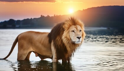 portrait of a lion standing in water at sunset