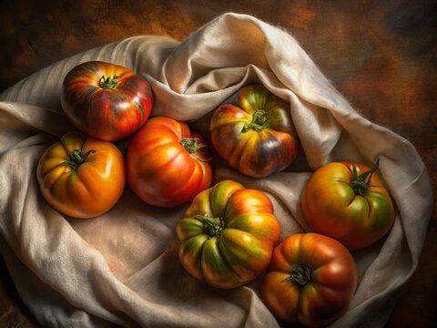An artistic display of heirloom tomatoes on a rustic cloth, exuding a warm, earthy vibe perfect for culinary arts, showcasing the rich colors and diverse forms of these organic vegetables.