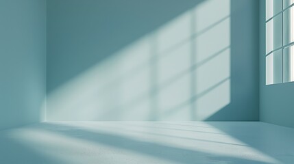 Fototapeta premium Empty light blue pastel studio backdrop with minimal sun lighting