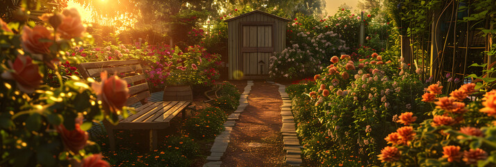 Scenic View of a Flourishing Garden at Sunset: A Perfect Haven for Gardening Enthusiasts - obrazy, fototapety, plakaty
