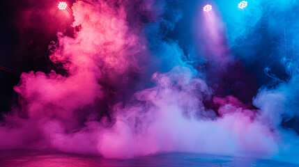 Bright pink smoke curling across a stage under a light blue spotlight, creating a fun, lively visual.