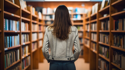 Rear view of a woman standing in front of a bookshelf searching for information in the library.