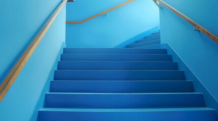 Cerulean blue stairs with a minimalist wooden handrail, full view from a descending angle.