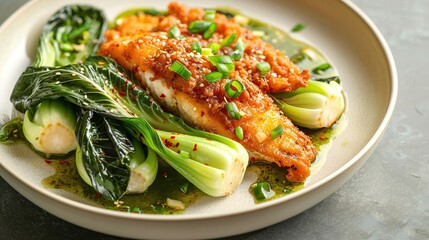 green bok choy with fried tilapia and green chili sauce. Generative Ai