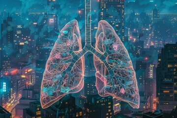 Microplastics Invasion in Human Lungs A vivid illustration showing microplastics entwined within human lung tissues highlighting health implicationsCyberpunk cityscapes