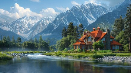 A beautiful house in the middle of kashmiri village with green grass and river flowing, a red roofed white building on right side, dark mountains behind - Powered by Adobe