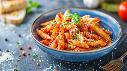 Pasta alla arrabbiata in a blue bowl in bright light. Generative Ai