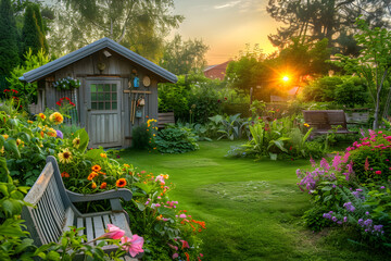 Fototapeta na wymiar Scenic View of a Flourishing Garden at Sunset: A Perfect Haven for Gardening Enthusiasts