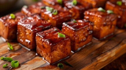 Delicious glazed tofu cubes with scallion garnish on wooden board