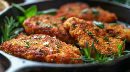 Crispy breaded seitan schnitzel with fresh rosemary in a skillet