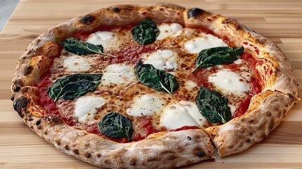 Pizza with mozzarella, tomato sauce, spinach on a thick dough. Generative Ai