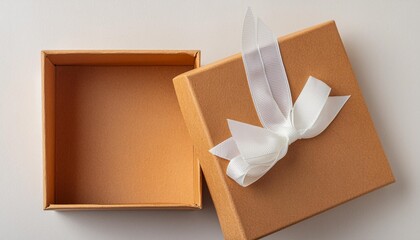 open kraft gift box with lid and white bow cut out on white background wedding present top view