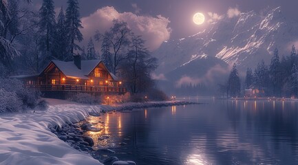 A beautiful house in the snow, next to it is an river and mountains with moonlight shining on them, photo realistic,