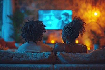 Young black couple watching TV in their living room
