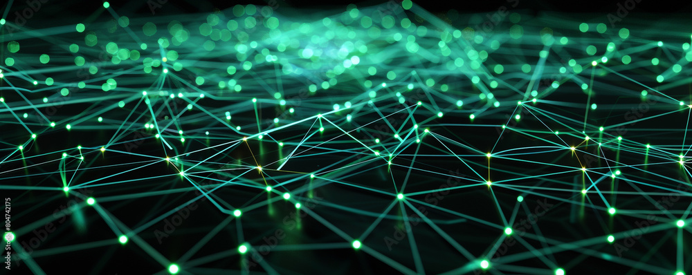 Wall mural deep black background overlaid with a complex web of neon green digital connections, representing a 