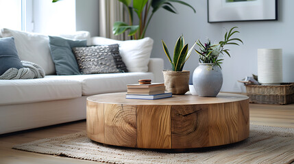Round wood coffee table against the white sofa. Scandinavian home interior design