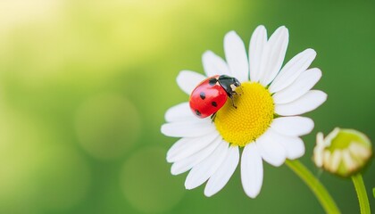 red ladybug on white daisy flower against blurred green natural background long banner - Powered by Adobe