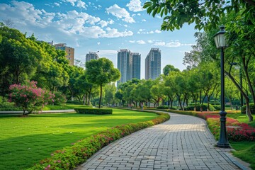 Obraz premium A green grassy park with winding paths, street lights and flowers in the city Generative AI