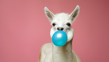 funny poster portrait of white alpaca blowing blue bubble gum on a solid pink background in a...