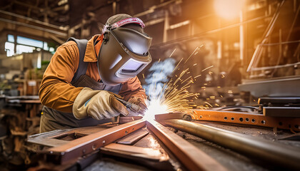 A skilled welder in protective gear is meticulously welding in an industrial setting. Bright sparks illuminate the scene
