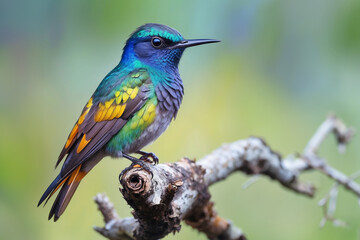 A vibrant bird with iridescent blue and green plumage is perched on a twisted branch.