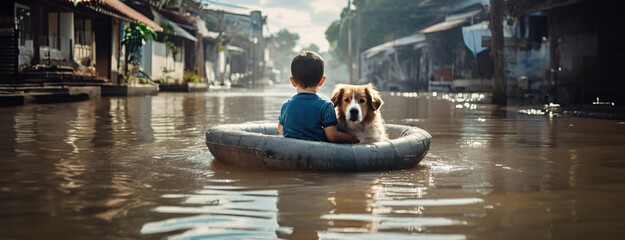 A child and dog float on a tube in a flooded street. The image captures a moment of calm during an unusual urban water inundation.