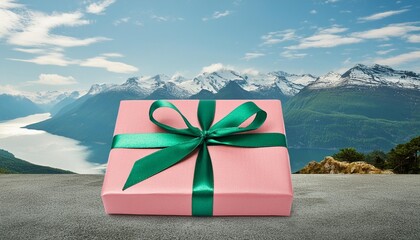 pink paper present box with green ribbon bow isolated on white background - Powered by Adobe