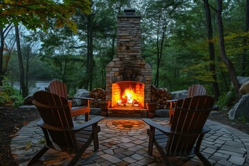 Obraz premium Inviting Backyard fireplace wood chairs. Plant furniture. Generate Ai