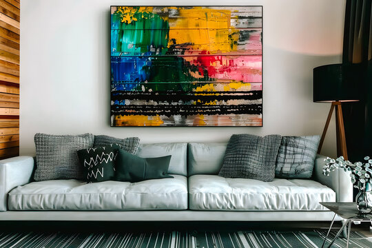 Peinture moderne accroch&eacute; au dessus du canap&eacute;