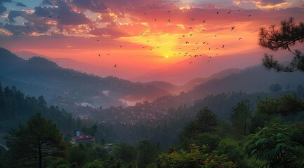 A breathtaking sunset over the mountains oficolor, overlooking Dharmander in Indian state of PWinsar with birds flying above and clouds