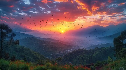 A breathtaking sunset over the mountains oficolor, overlooking Dharmander in Indian state of PWinsar with birds flying above and clouds 