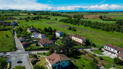 Drone images of Rivarone, a small village between plains and hills, Alessandria, Piedmont, Italy