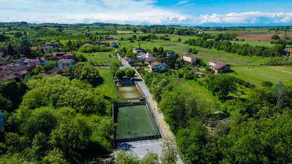Drone images of Rivarone, a small village between plains and hills, Alessandria, Piedmont, Italy