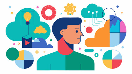 A graphic showing a persons thoughts as a series of abstract shapes and colors highlighting the unique visual thought process of neurodiversity.. Vector illustration