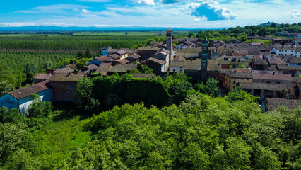 Drone images of Rivarone, a small village between plains and hills, Alessandria, Piedmont, Italy