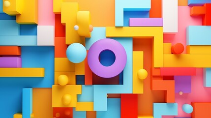 A vibrant and colorful 3D abstract composition of geometric shapes.
